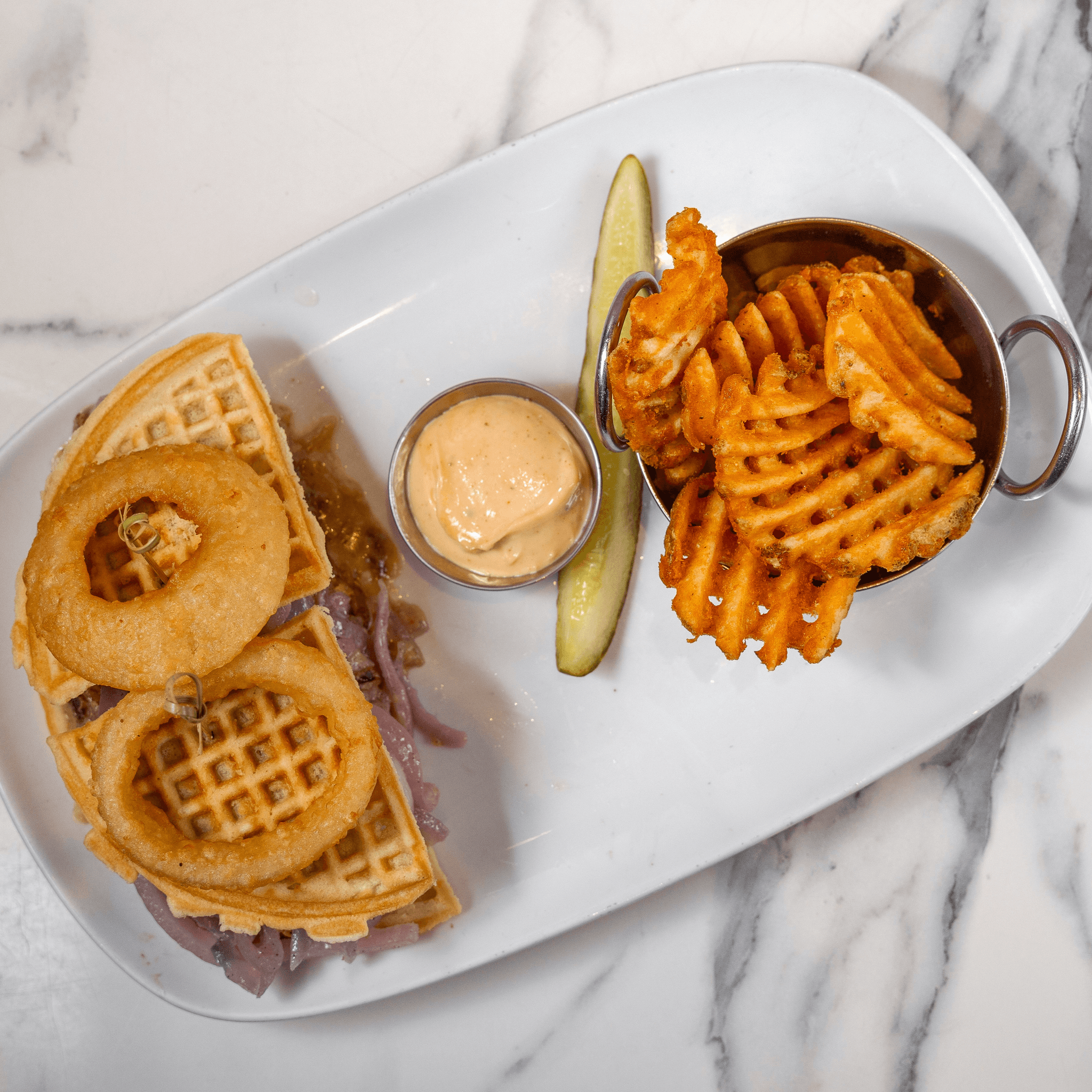 Cheesesteak Waffle Sandwich.